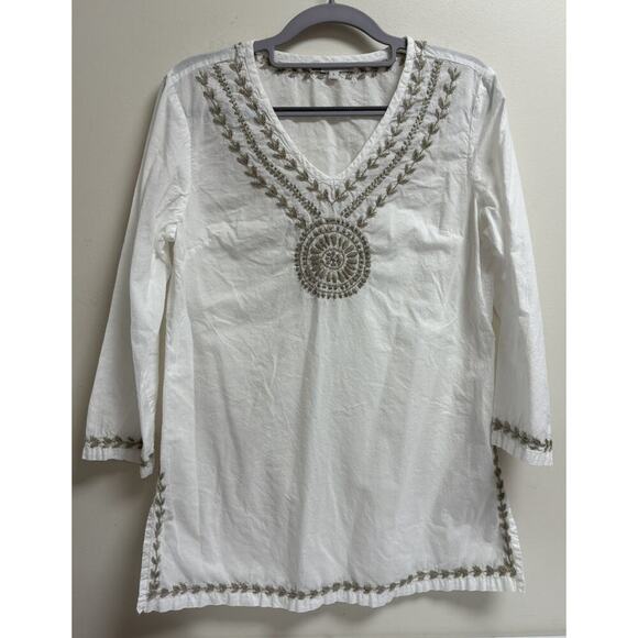 Pomegranate Tops - Pomegranate White Embroidered Cotton Tunic Top Size Small Boho India V-Neck
